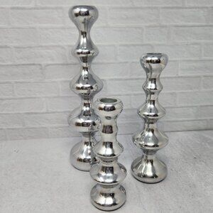 Modern Contemporary Aluminum Silver Taper Candle Holders Set Of 3 Candlesticks